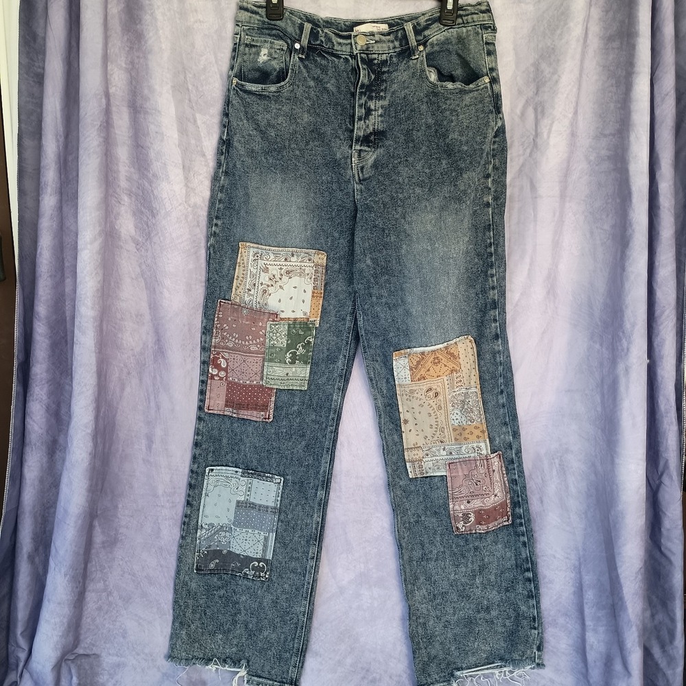 SO Super High Rise Dad Jeans Women's Acid Wash Bandana Patchwork Straight Leg